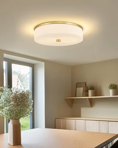 Miniatura 2 de LMS Lámpara de techo empotrada, moderna lámpara de techo de baño dorada cepillada con tambor blanco lechoso pantalla acrílica para cocina, sala