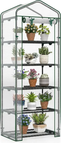 Giantex Mini invernadero para interiores y exteriores, 27 x 19 x 75 pulgadas, casa portátil de cultivo de plantas con estantes de 5 niveles,