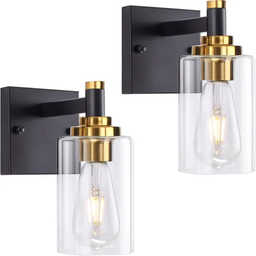 Juego de dos apliques de pared negros y dorados para baño, lámparas de pared de latón, modernas lámparas de pared con pantalla de vidrio, lámparas