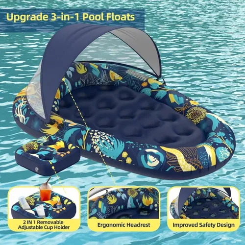 Miniatura 5 de Sunikko X Flotadores de piscina 3 en 1 con soporte para toldo, flotadores grandes de 73 x 48 pulgadas para adultos, resistente, tumbona inflable