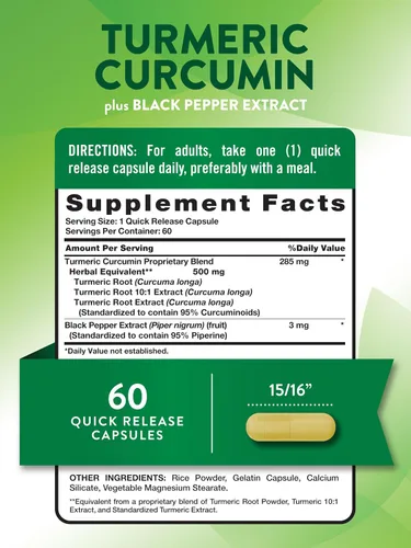 Miniatura 2 de Curcumina de cúrcuma con extracto de pimienta negra 500 mg 60 cápsulas Suplemento complejo sin OMG y sin gluten por Nature's Truth