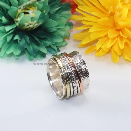 Miniatura 2 de Solid 925 Sterling Silver Flower Floral Three Tone Hammered Meditation Spinner Ring For WomenGirls