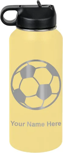 Miniatura 60 de LaserGram Botella de agua personalizada, pelota de fútbol, acero inoxidable de doble pared aislada al vacío con popote superior, regalo grabado