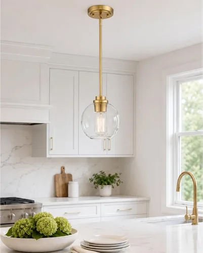 Miniatura 12 de Luces Colgantes para Isla de Cocina, 7" Luminarias Colgantes Negras y Doradas con Pantalla de Globo de Vidrio Transparente, Iluminación Moderna