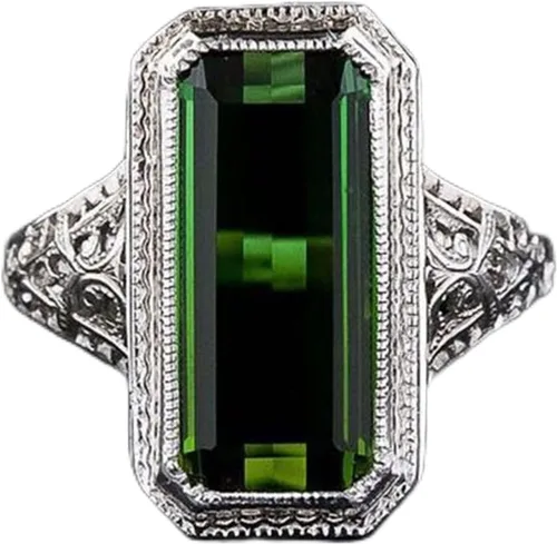 Miniatura 6 de ChenFeng Anillo de plata 925 hecho a mano con corte baguette con piedra esmeralda verde simulada para hombre y mujer (9)