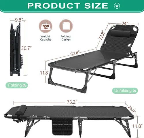 Miniatura 3 de NAIZEA Sillón plegable para exteriores, catre plegable 3 en 1 con colchón, sillas reclinables de patio de 4 posiciones, silla reclinable plegable