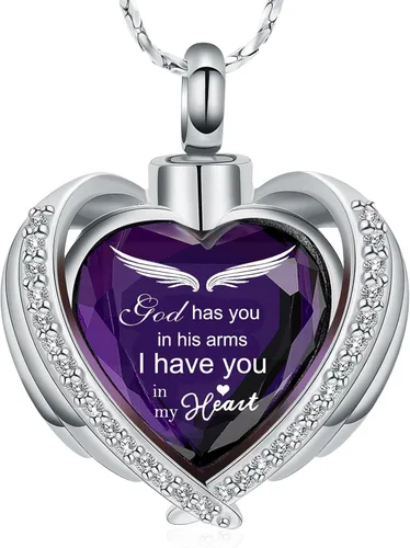 Miniatura 11 de Imrsanl Collares con Colgante de Urna de Corazón de Alas de Ángel para Mujeres y Niñas, Piedra Natal de Cristal, Joyería de Cremación, Urnas
