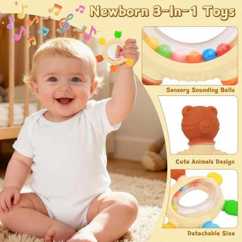 Miniatura 3 de Anillos de dentición para bebés, juguetes de sonajero, mordedor de silicona sin BPA para bebés de 0 a 24 meses, juguetes masticables suaves y 1