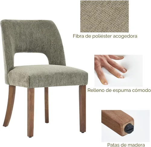 Miniatura 9 de VKNOW Juego de 2 sillas de comedor de madera, silla de comedor tapizada en tela moderna, silla de cocina, silla de cena de granja para cocina y Verde
