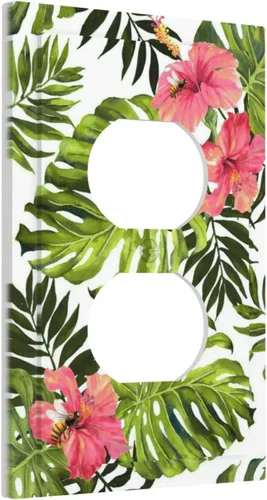 Miniatura 80 de Cubierta de placa de pared con palmera verde de planta tropical, cubierta de interruptor de luz de 1 cuadrilla, hojas de plátano, flores rosas