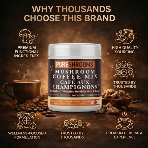 Miniatura 7 de PureShrooms Perfect 7 - Café de hongos – Arábica instantánea de origen único con melena de león orgánica, Reishi y Cordyceps – Bebida