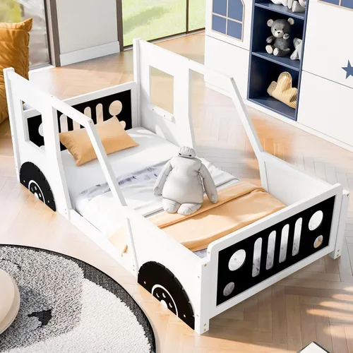 Polibi Cama de plataforma, tamaño individual, cama clásica de madera en forma de automóvil con ruedas, cabecero, estribo, puertas, ventanas, color