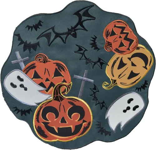 Grelucgo Manteles individuales bordados de calabaza y casa embrujada espeluznante de Halloween, color azul turquesa (redondo, 16 pulgadas (juego de