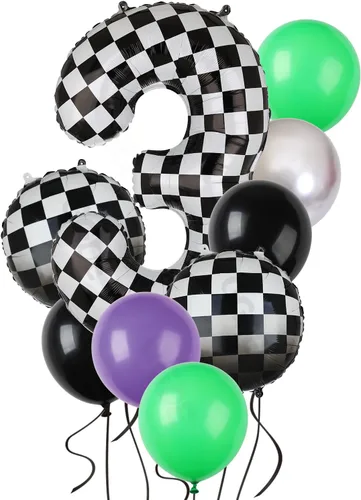 Miniatura 7 de Paquete de globos de auto de carreras azul y negro de 40 pulgadas, globo de números a cuadros 2 en blanco y negro, globos de látex para niños, dos