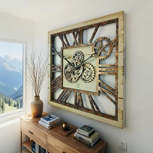 Miniatura 4 de ImprovingLife The Gears Clock Reloj de Pared Cuadrado de 24 Pulgadas con Engranajes Reales en Movimiento, Estilo Vintage Industrial de Gran