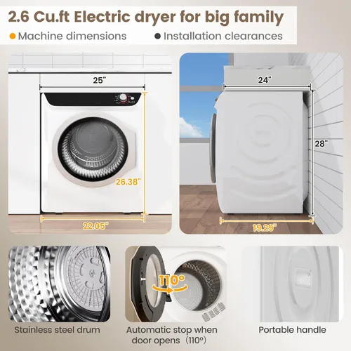 Miniatura 4 de VCJ Secadora portátil de 2.6 pies cúbicos, secadora de ropa eléctrica de 1400 W con 5 modos de secado y bañera de acero inoxidable, secadora Blanco