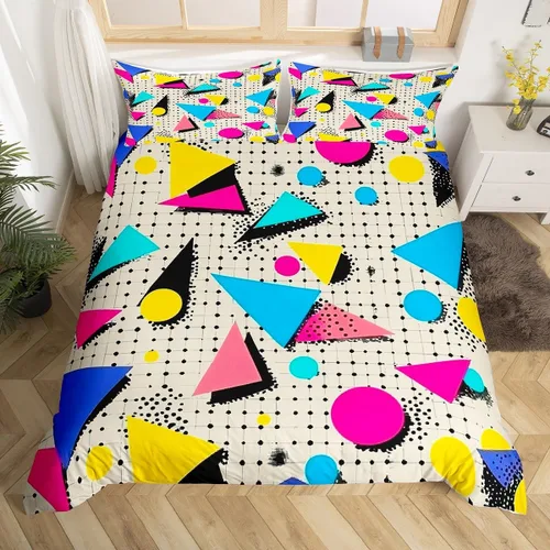 Miniatura 33 de Juego de funda de edredón retro de los años 80 y 90 para hombres y niños, tamaño matrimonial, con formas geométricas redondas triangulares, funda
