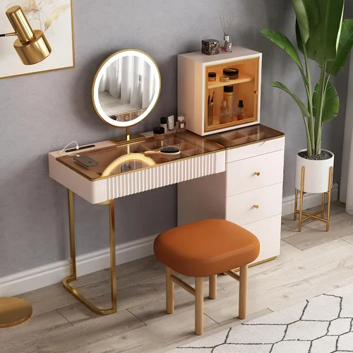 Miniatura 10 de Lartis Mesa de tocador de maquillaje de alta calidad, tocador de almacenamiento, juego de tocador con taburete tapizado de madera maciza, espejo LED