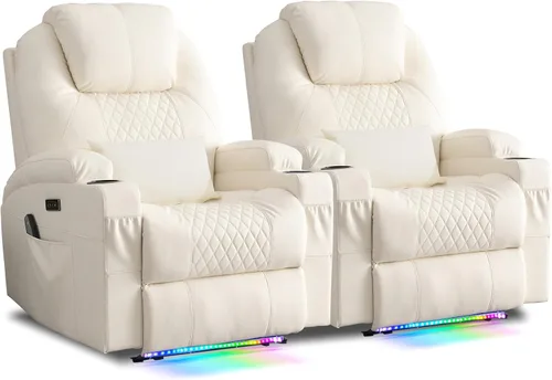 AHMED Silla reclinable eléctrica con masaje por vibración y calor para adultos, asiento de cine en casa de piel sintética con portavasos, luces LED,