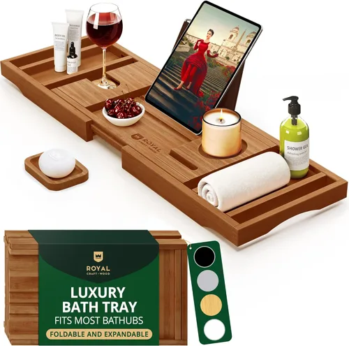 Miniatura 14 de ROYAL CRAFT WOOD Bandeja de Caddy para Bañera de Bambú, Estante de Baño Premium Plegable de Madera, Mesa de Baño de Bañera Extensible y Accesorios