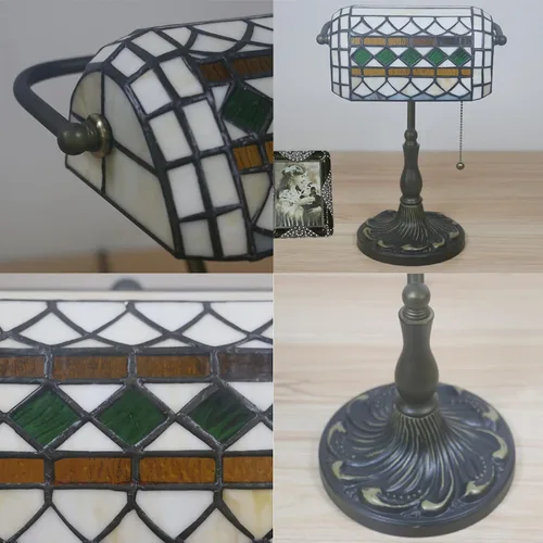 Miniatura 5 de Lámpara de mesa de banquero de cristal mediterráneo azul y verde de 10 pulgadas, estilo Tiffany antiguo, lámpara de decoración de escritorio
