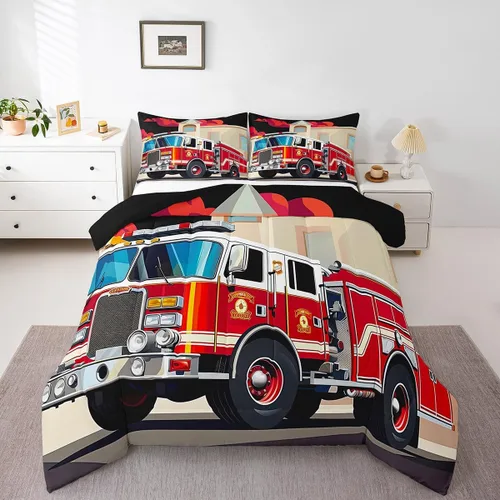 Miniatura 3 de Erosebridal Juego de ropa de cama de camión de bomberos para niños, juego de edredón de vehículo de rescate contra incendios de dibujos animados