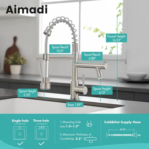 Miniatura 6 de AIMADI Grifo de Cocina Comercial con Rociador, Grifo de Fregadero de Cocina con Rociador Extraíble de Una Sola Manija con Luz LED de Dos Salidas