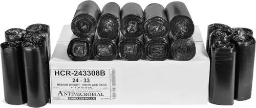 Aluf Plastics - Bolsas de basura de alta densidad, 16 galones, 1000 unidades, 8 micras (eq), 24 x 33 pulgadas, negras, para baño, oficina, Negro