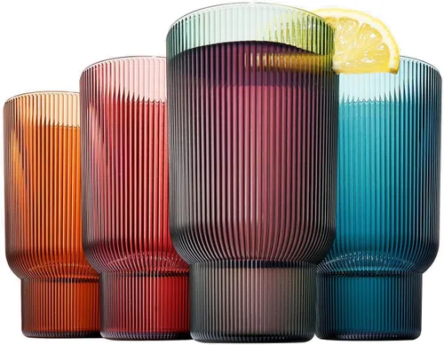 Miniatura 10 de Juego de 4 vasos altos de acrílico inastillables, estilo europeo, aptos para lavavajillas, acanalados, juego de 4, tritán estriado, plástico Naranja