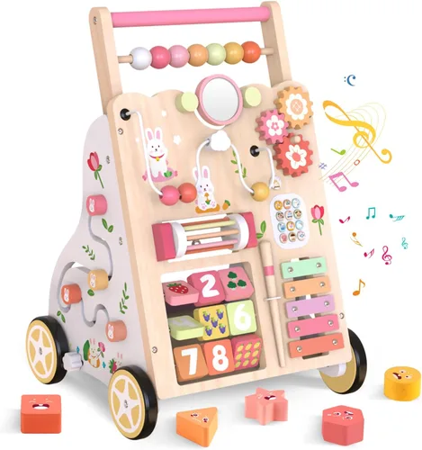 Miniatura 8 de Andador de bebé de madera con ruedas, andador de empuje con centro de actividad para bebés, juguete de caminar Montessori para niñas y niños, Natural
