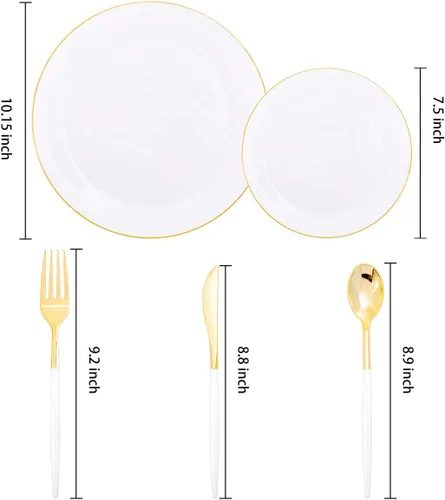 Miniatura 2 de Supernal 150 platos de plástico blanco y dorado, cubiertos de plástico dorado, juego de vajilla blanca incluye 60 platos, 30 tenedores, 30 Juego