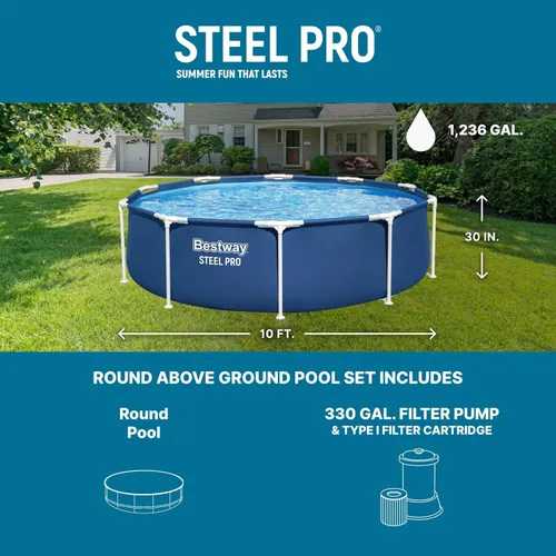 Miniatura 3 de Bestway Steel Pro - Juego de piscina redonda de 10 pies x 30 pulgadas con marco sobre el suelo, para exteriores, con bomba de filtro de 330 GPH, azul