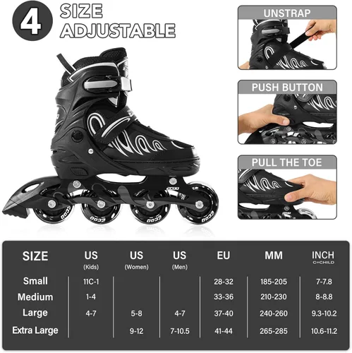 Miniatura 3 de Patines en línea para niñas y niños de 5 a 8 años, 8 a 12 años, ruedas iluminadas, tamaño ajustable, para niños, adultos, mujeres, exteriores Negro