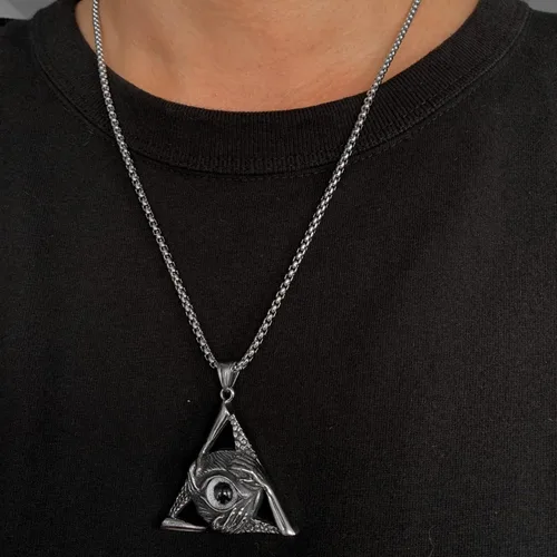 Miniatura 5 de Collar con dije de ojo malvado vintage de acero inoxidable con forma de triángulo para hombres y mujeres, cadena de 24 pulgadas