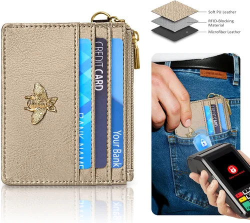 Miniatura 32 de SEAVILIA Tarjetero llavero cartera para mujer con ventana de identificación RFID monedero regalo abeja delgada minimalista pequeña cartera