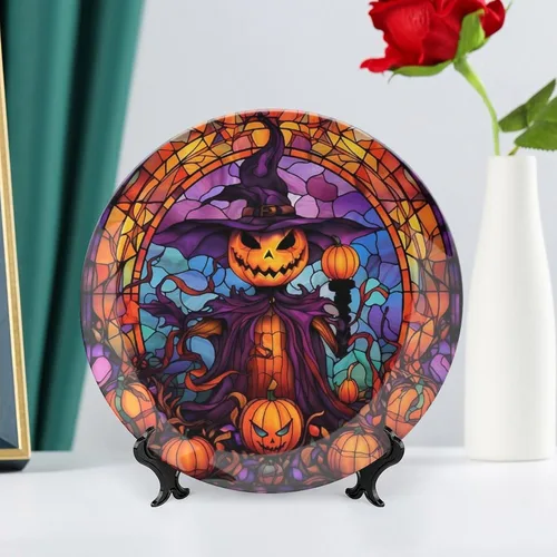 Miniatura 6 de Platos decorativos, diseño de espantapájaros de Halloween, placa de exhibición con diseño de vitrales para el hogar, oficina, cocina, decoración