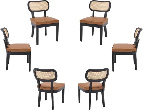 Miniatura 9 de Juego de 4 sillas de comedor de ratán de granja, sillas modernas de madera para cocina y comedor con respaldo de caña, cómodo asiento tapizado
