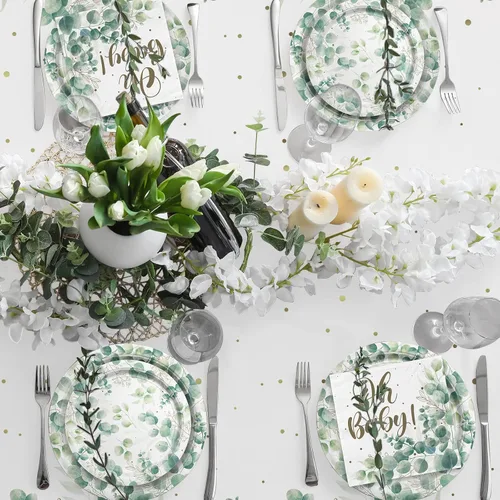 Miniatura 3 de Sage Greenery - Suministros de fiesta de baby shower, platos de papel desechables, servilletas, tazas y mantel para decoraciones de fiesta bohemia
