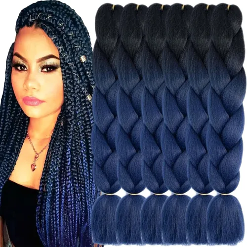 Miniatura 31 de 3 paquetes de extensiones de cabello sintético para trenzar de color negro a azul, tamaño jumbo ombré, de 24 pulgadas o trenzas de ganchillo