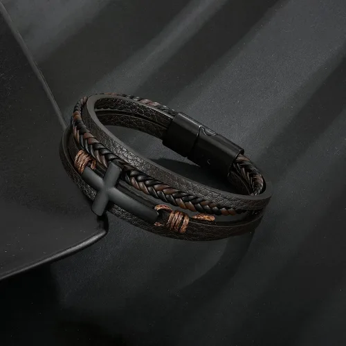 Miniatura 2 de Pulsera de cuero para hombre con cruz de fe trenzada de múltiples capas, pulsera religiosa para hombres y mujeres