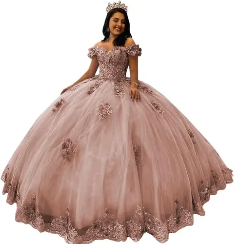 XYAYE Vestido de quinceañera con cuentas de encaje con hombros descubiertos para mujer, vestido de fiesta con flores 3D hinchadas, dulces 15 16