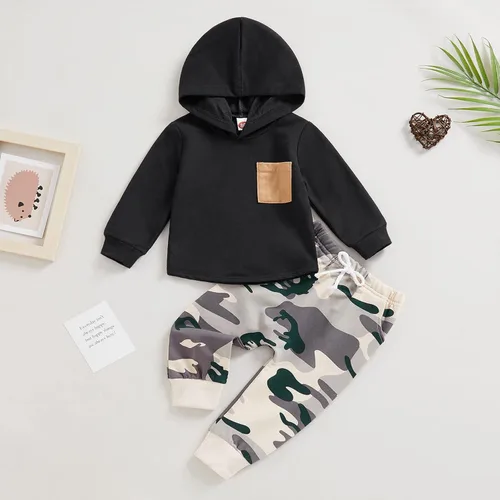 Miniatura 79 de Ropa de bebé niño 3 6 9 12 18 24M 3T Conjunto de pantalones con capucha patchwork sudadera con capucha pantalones de rayas traje de otoño invierno