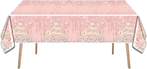 Miniatura 4 de Juego de vajilla de fiesta rosado oro rosa, tema de feliz cumpleaños rosado, 20 platos y 20 servilletas y manteles de 71'' x 42'' para niñas