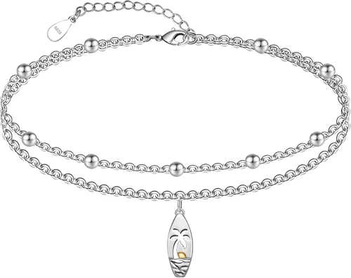 Miniatura 142 de CHIC & ARTSY Tobilleras delicadas de plata de ley S925 para verano, pulsera de tobillo ajustable multicapa para playa, joyería de pie para mujer