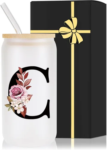 Miniatura 11 de Vaso de vidrio con monograma con tapa de bambú, popote personalizado, vaso de café helado de 16 onzas, tarro transparente de masón, cerveza, agua
