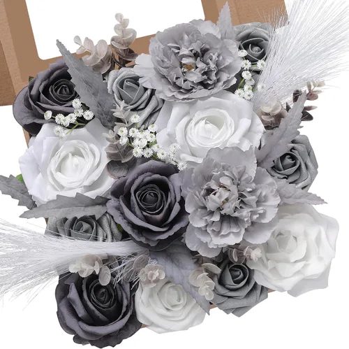Miniatura 37 de Serwalin 2 Piezas Flores Artificiales Blancas Rosas Falsas Flores de Espuma de Seda Juego de Caja para Manualidades DIY Ramos de Pastel de Boda Un