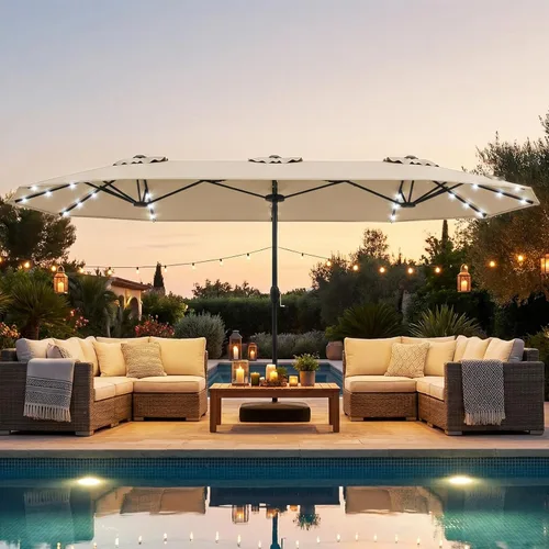 Miniatura 2 de Tangkula Sombrilla solar de doble cara de 13 pies para patio, sombrilla individual extragrande para exteriores con 36 luces LED, parte superior Beige