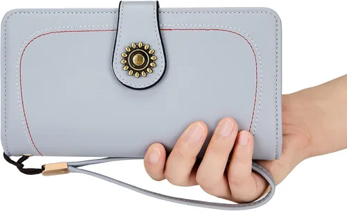 Miniatura 7 de OPAGE Cartera de cuero de gran capacidad para mujer con bloqueo RFID y cremallera alrededor