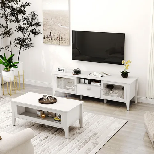 Miniatura 4 de Bonzy Home Mesa de centro moderna blanca con almacenamiento de puerta de vidrio, mesa central rectangular de madera para sala de estar, 39.4 x 18.9