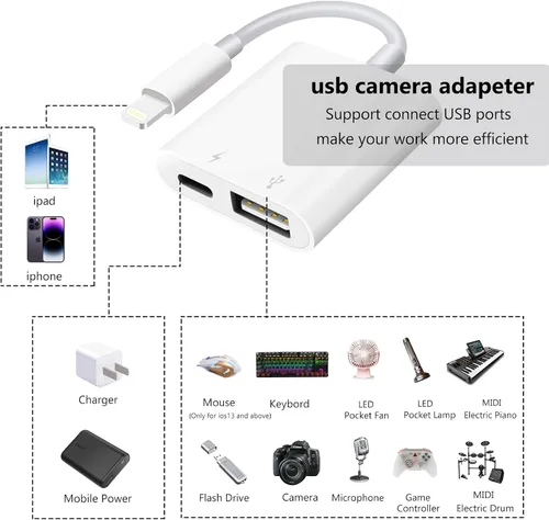 Miniatura 2 de [Certificado MFi de Apple] Adaptador de cámara Lightning a USB con puerto de carga para iPhone, cable OTG USB 3.0 hembra para iPad para conectar